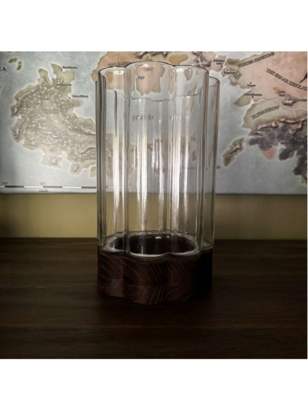 Kirkland’s Home Scalloped Glass Hurricane Candle Holder with Wood Base